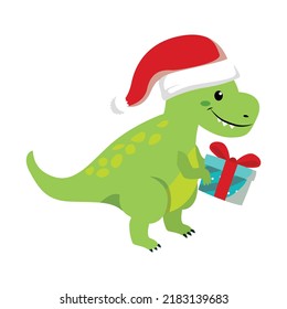 Tyrannosaurus Christmas Tree Rex. Dinosaur in Santa hat. Vector illustration of funny character in cartoon flat style.