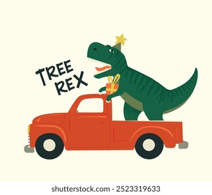 Tyrannosaurus Christmas Tree Rex and Red Truck. Dinosaur in Santa hat decorates Christmas tree garland lights. Vector illustration of funny character in cartoon flat style. Flat design for card.