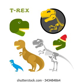 Tyrannosaurus collection of items. Bones and the skeleton. Head of prehistoric Raptor. Monster of Jurassic period. Dinosaur emblem. T-Rex set designs. Ancient predator in Santa Claus hat.
