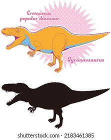 Tyrannosaurus.
Cretaceous land dinosaurs.
A set of silhouettes and pop color illustrations.