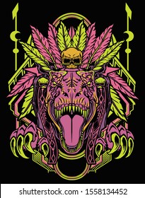 Tyrannosaurus Dinosaur chief illustration with sacred geometry background for t shirt design