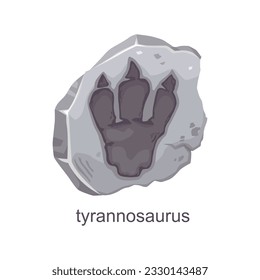 Tyrannosaurus dinosaur footprint fossil, archaeology and paleontology finds. Isolated vector ancient reptile foot trail impression. Cartoon jurassic era museum item, dino animal paw print in stone