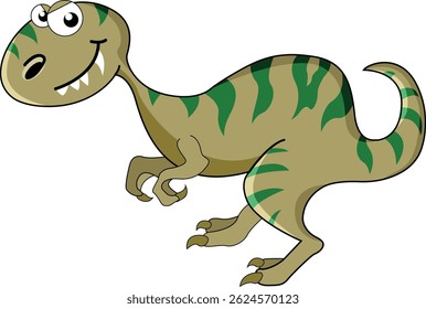 Tiranossauro, um dinossauro de cor verde, com listras, sem espinhos, com dentes, um olhar predatório astuto, desenho para crianças,