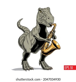 Tyrannosaurus dinosaur monster playing saxophone. Comic style vector illustration.