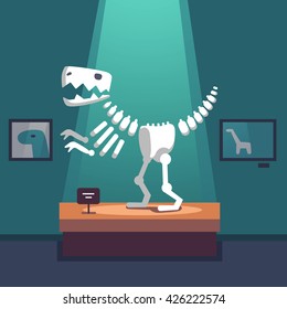 Tyrannosaurus dinosaur skeleton at archeology museum exposition room. Lit with spot light. Modern flat style vector illustration cartoon clipart.