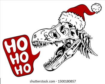 Tyrannosaurus dinosaur skull in santa claus hat isolate on white background. Ho ho ho - lettering quote. Humor card, t-shirt composition, hand drawn style print. Vector illustration.