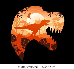 Tyrannosaurus head with t-rex dinosaur silhouette vector double exposure. Jurassic dino animals at sunset with silhouettes of tyrannosaurus rex and quetzalcoatlus, prehistoric jungle palm trees, sun