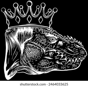 tyrannosaurus head in white line on black background