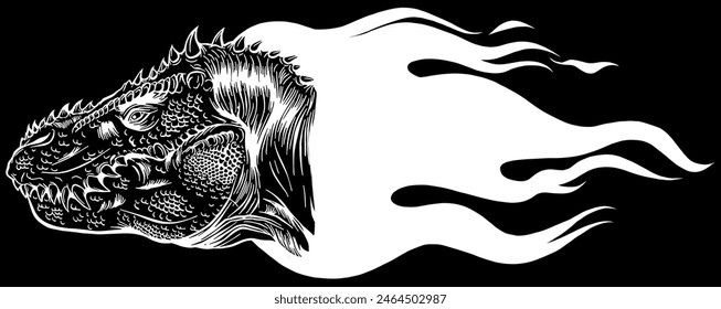 tyrannosaurus head in white line on black background