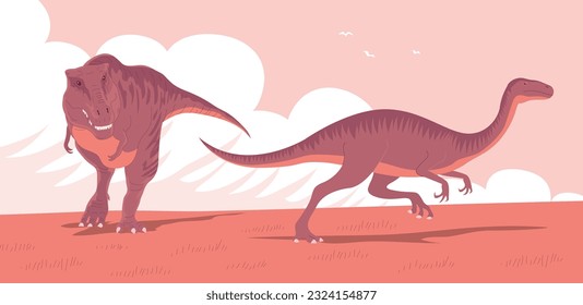 Tyrannosaurus hunting dinosaur. Predatory t rex of the Jurassic period. Carnivorous lizard. Prehistoric strong dino hunter. Wild landscape. Cartoon vector illustration