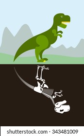 Tyrannosaurus in nature. Skeleton in ground soil. Jurassic monster and dice ancient Raptor.
