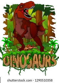 Tyrannosaurus on the background of the forest. Vector logo. Dinosaur world