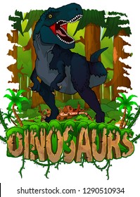 Tyrannosaurus on the background of the forest. Vector logo. Dinosaur world