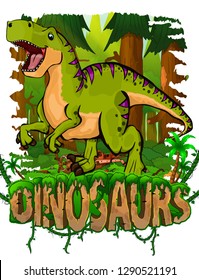 Tyrannosaurus on the background of the forest. Vector logo. Dinosaur world