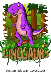 Tyrannosaurus on the background of the forest. Vector logo. Dinosaur world