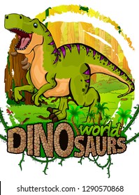 Tyrannosaurus on the background of the forest. Vector logo. Dinosaur world