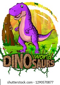 Tyrannosaurus on the background of the forest. Vector logo. Dinosaur world