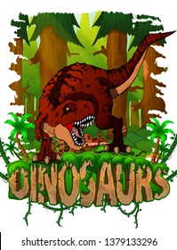 Tyrannosaurus on the background of the forest. Vector logo. Dinosaur world
