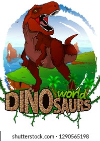 Tyrannosaurus on the background of the sea. Logo. Dinosaur world