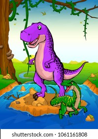 Tyrannosaurus on the background of a waterfall.