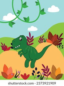 tyrannosaurus on the meadow with flowers and leaves. 