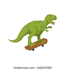 Tyrannosaurus on skateboard. Dino Skateboarder. T Rex. Prehistoric lizard monster riding longboard
