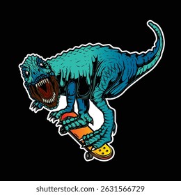 Tyrannosaurus on a skateboard. Original vector illustration in vintage style. T-shirt design. Hand drawn, not AI