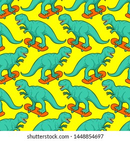 Tyrannosaurus on skateboard pattern seamless. Dino Skateboarder background. T Rex texture. Prehistoric lizard monster riding longboard
