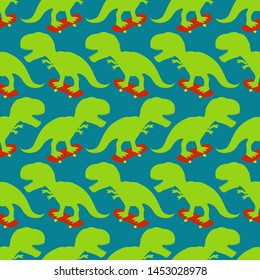 Tyrannosaurus on skateboard pattern seamless. Dino Skateboarder background. T Rex texture. Prehistoric lizard monster riding longboard
