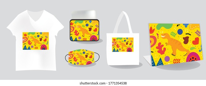 Tyrannosaurus Orange background with Mockup templates vector illustration. tote bag, pouch, t-shirt, mask, skin laptop