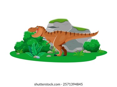 Tyrannosaurus prehistoric dinosaur character in lush forest habitat with shrubs, rock and ferns. Isolated cartoon vector ancient dino, apex predator, carnivore reptile animal of Late cretaceous era