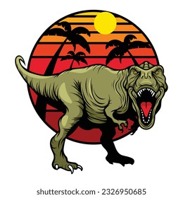 Tyrannosaurus rex against the backdrop of sunset and palm trees. Dinosaur logo. Vector graphics