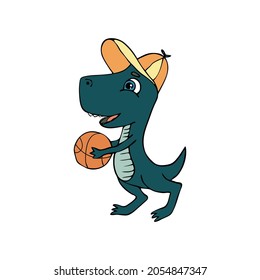 Tyrannosaurus Rex with ball green and young. Let's play basket ball. Sport illustrations for boys prints on t-shirts, children design.