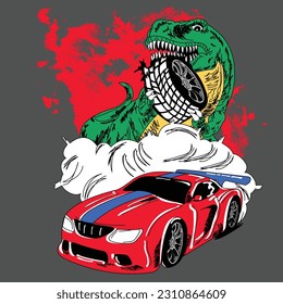 TYRANNOSAURUS REX BITING A TIRE AND A CAR MAKING SMOKE