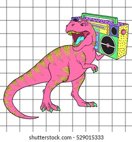 Tyrannosaurus Rex with boombox in retro 80s style. Vector illustration