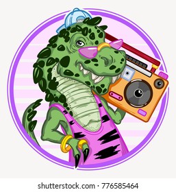 Tyrannosaurus Rex with boombox in retro 80s style. Isolated vector illustration. T-shirt print, poster and cards.