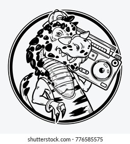 Tyrannosaurus Rex with boombox in retro 80s style. Isolated vector illustration. T-shirt print, poster and cards.