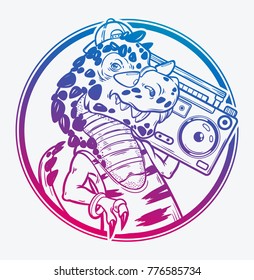 Tyrannosaurus Rex with boombox in retro 80s style. Isolated vector illustration. T-shirt print, poster and cards.