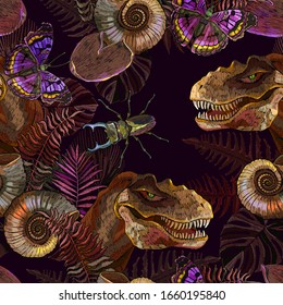 Tyrannosaurus rex, butterflies, palm leaves, insects and ammonite fossil. Seamless pattern. Embroidery style. Prehistoric life of dinosaurs. Archeology and paleontology art. Fashion template 