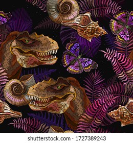 Tyrannosaurus rex, butterflies, palm leaves and ammonite fossil. Archeology and paleontology art. Fashion template. Seamless pattern. Embroidery style. Prehistoric life of dinosaurs 