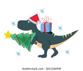 Tyrannosaurus rex carrying a Christmas tree and a gift box. Snowflakes. Christmas illustration.