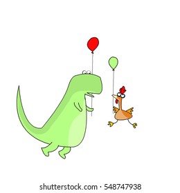 Tyrannosaurus rex and Chicken Cartoon with Balloons