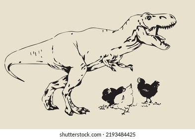 Tyrannosaurus rex and chickens that run under it