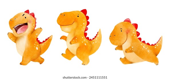 Tyrannosaurus rex . Cute dinosaur cartoon characters . Watercolor paint design . Set 1 of 20 . Vector .