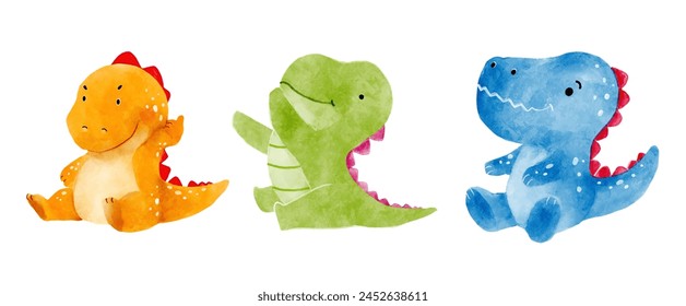 Tyrannosaurus rex . Cute dinosaur cartoon characters . Watercolor paint design . Set 20 of 20 . Vector .