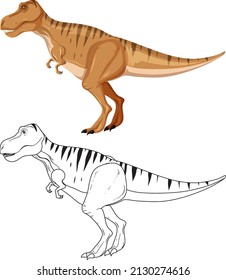 Tyrannosaurus rex dinosaur with its doodle outline on white background illustration