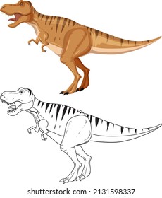 Tyrannosaurus rex dinosaur with its doodle outline on white background illustration