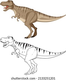 Tyrannosaurus rex dinosaur with its doodle outline on white background illustration