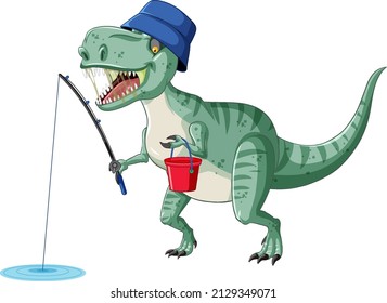 Tyrannosaurus rex dinosaur fishing in cartoon style illustration