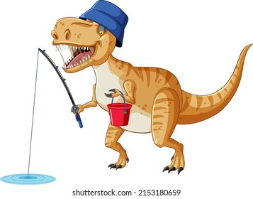 Tyrannosaurus rex dinosaur fishing in cartoon style illustration